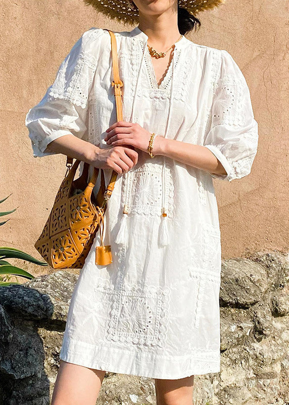 White Out Cotton V Half Hollow Sleeve Dress Pockets Neck Elegant