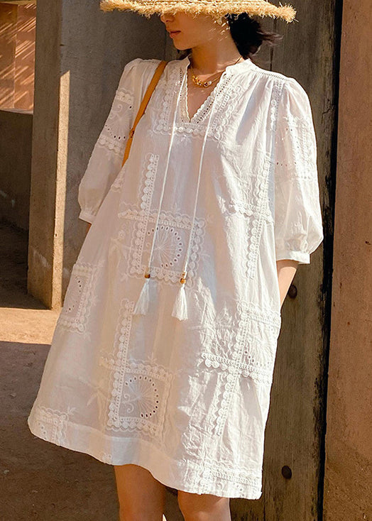 White Out Cotton V Half Hollow Sleeve Dress Pockets Neck Elegant