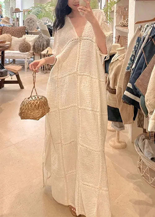 Elegant White V Neck Hollow Out Side Open Knit Dresses Half Sleeve Ada Fashion