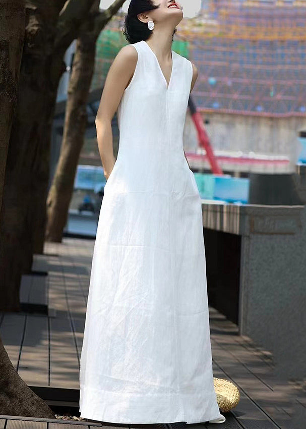 Elegant Dresses Sleeveless Neck Patchwork Long V White