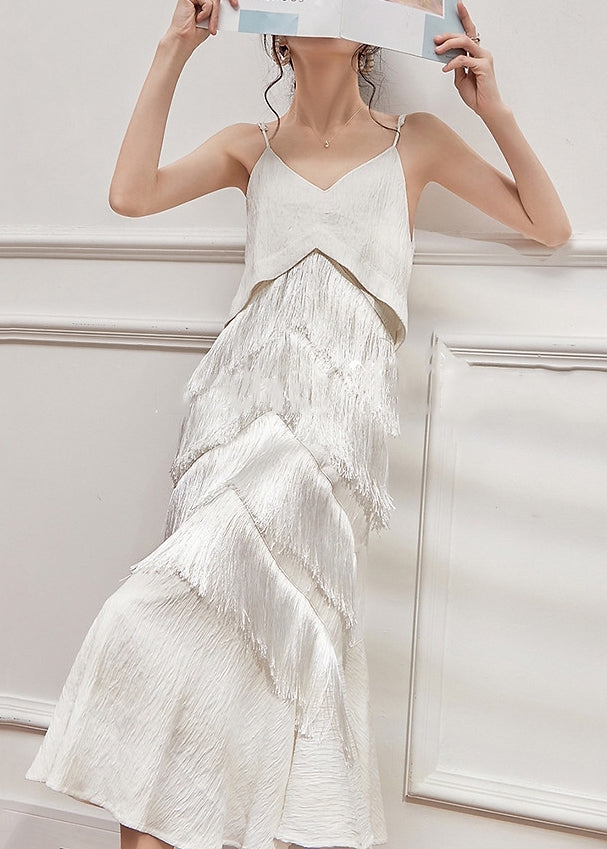 Tasseled Elegant Sleeveless Neck Dress Spaghetti V White Strap