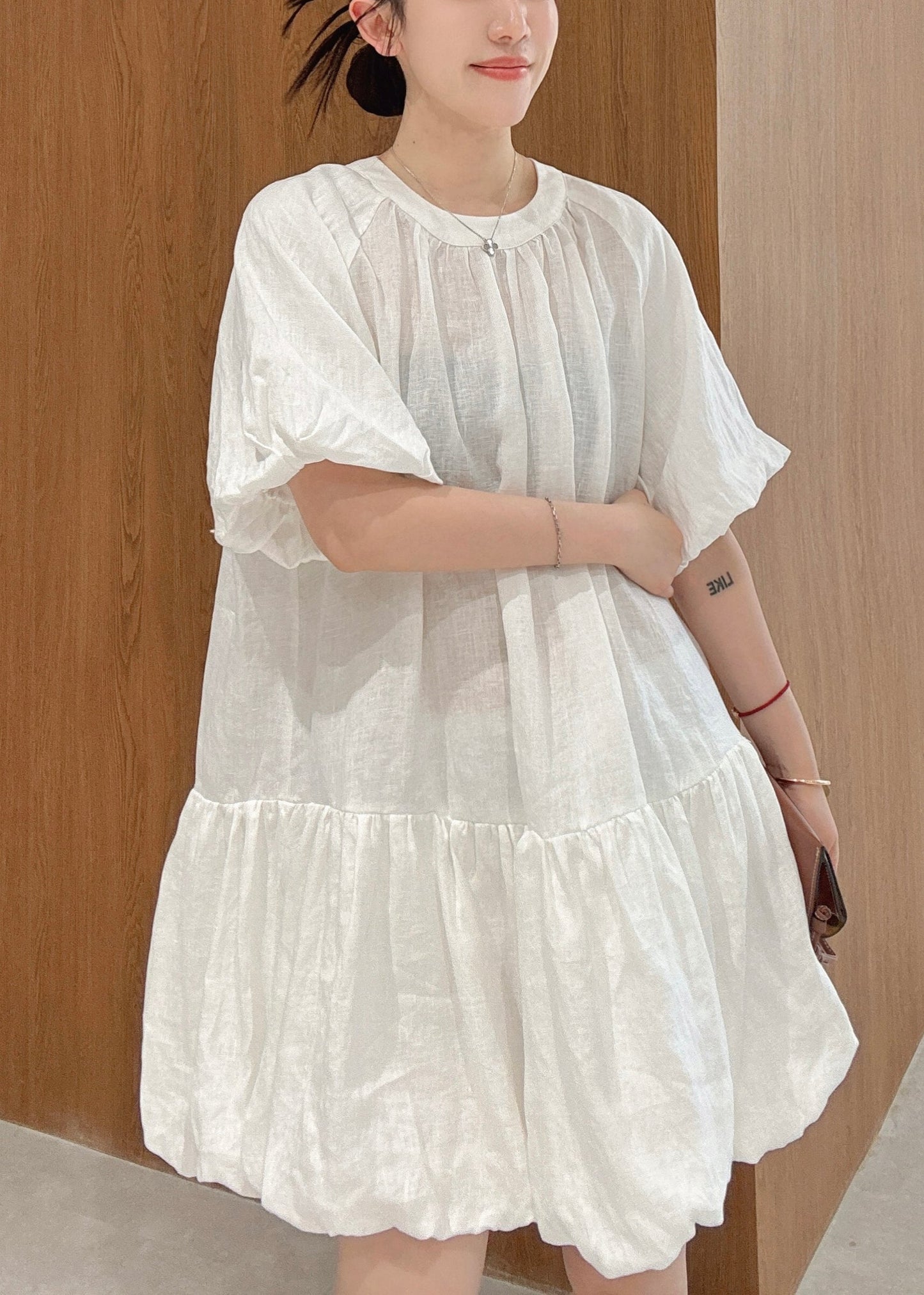 Linen Elegant White Dress Mid Sleeve Puff Wrinkled Solid