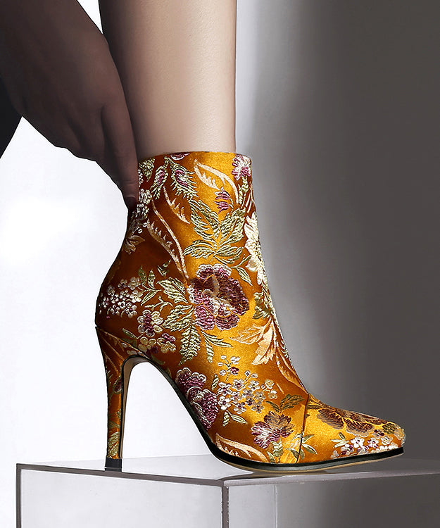 Elegant Yellow Embroidered Zippered Silk Velour High Heel Ankle Boots RT1070