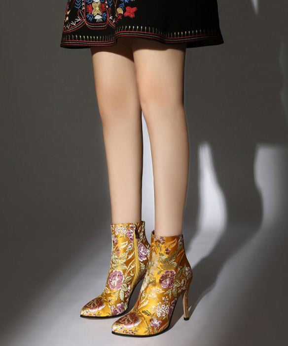 Elegant Yellow Embroidered Zippered Silk Velour High Heel Ankle Boots RT1070