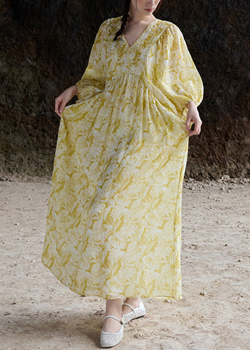 Embroidered V Sleeve Batwing Dresses Elegant Neck Yellow Linen