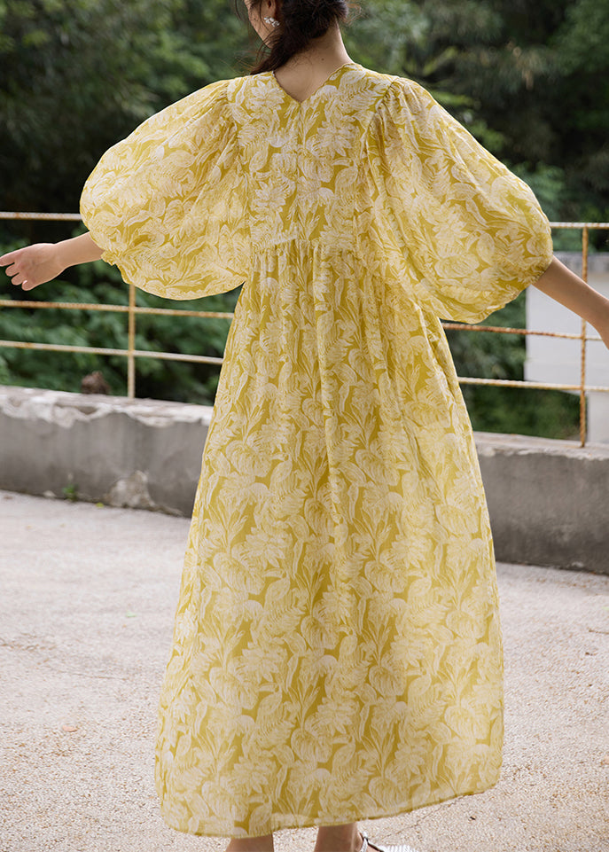 Embroidered V Sleeve Batwing Dresses Elegant Neck Yellow Linen