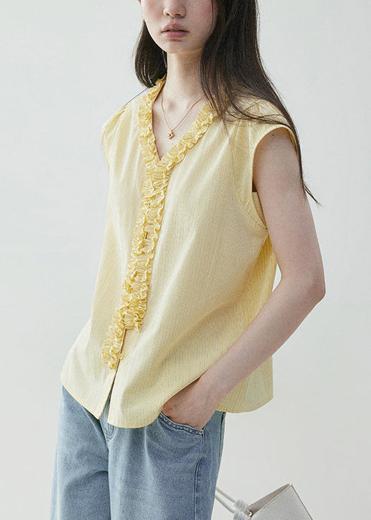 V Yellow Summer Ruffled Cotton Shirt Neck Elegant