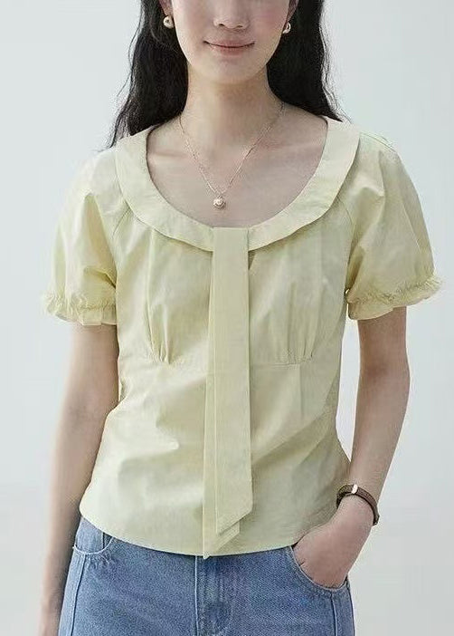 Zippered Blouses Puff ElegantYellow Wrinkled Sleeve Cotton