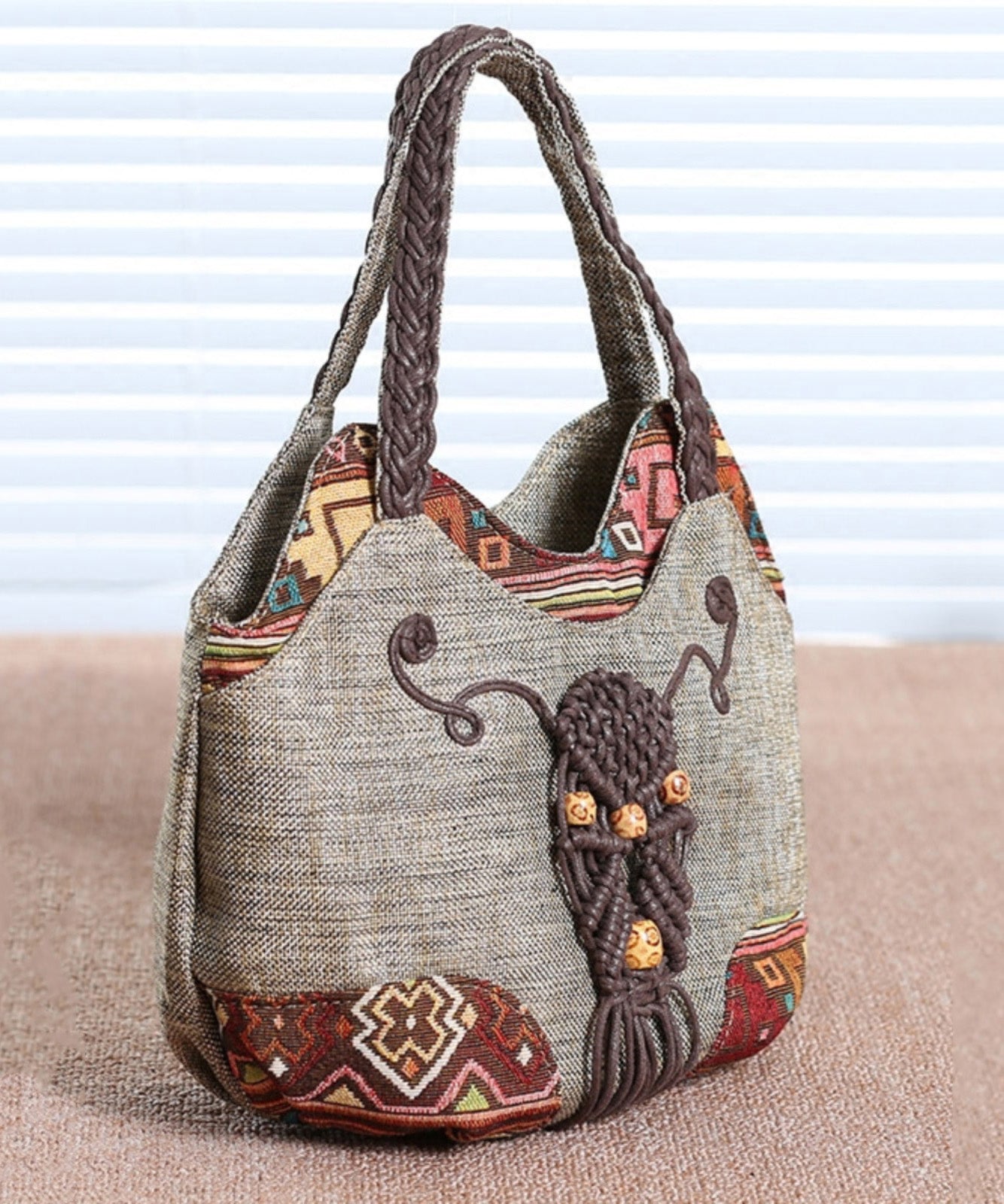 Grey Style Canvas Bag Woven Ethnic Tote Patchwork
