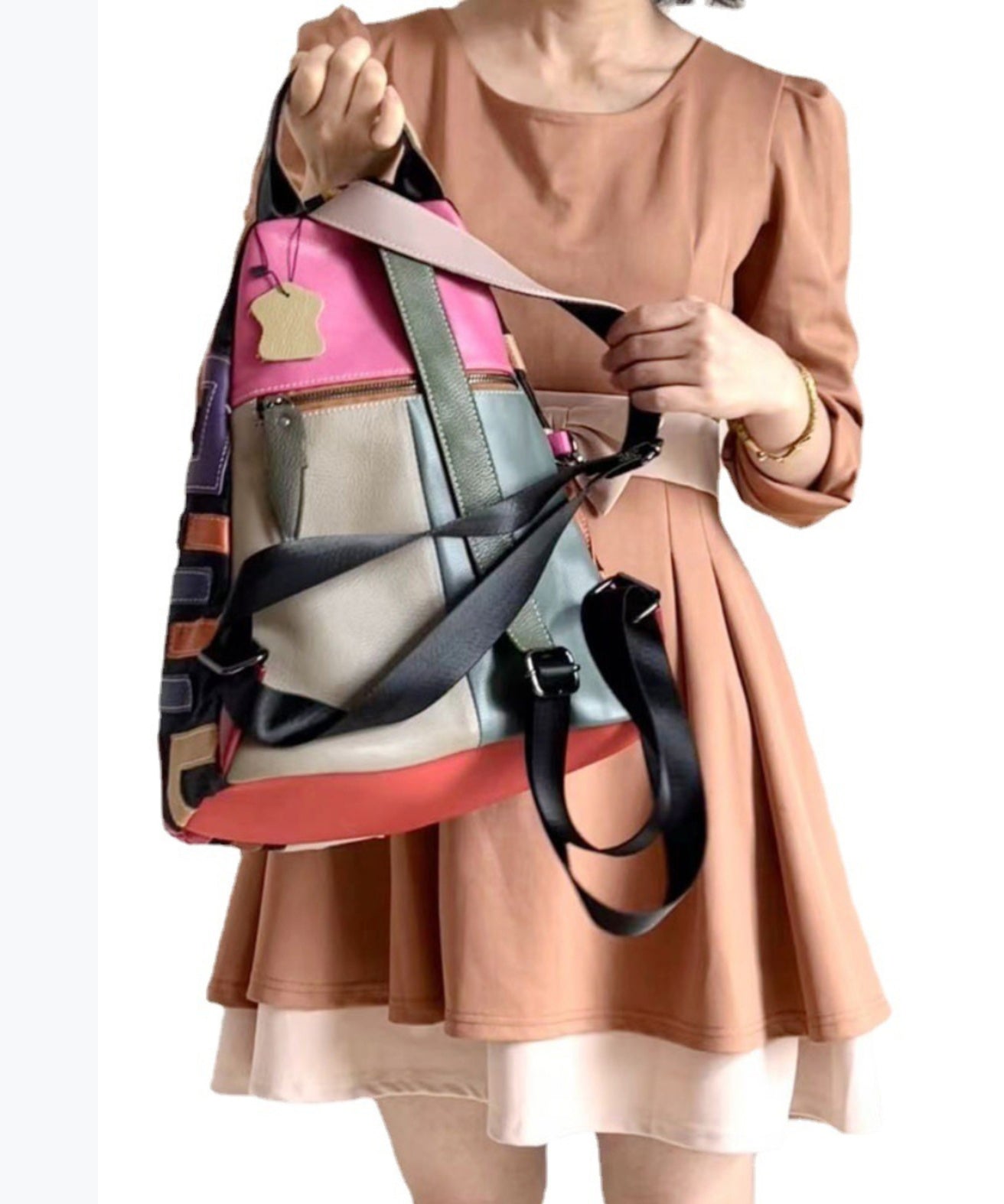 European And American Fashion Colorful Cowhide Patchwork Backpack HJ1045