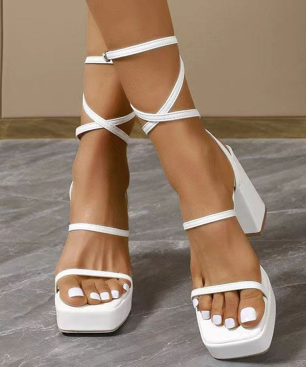 European And American White Chunky Heel Sandals Lace Up Peep Toe DD1035