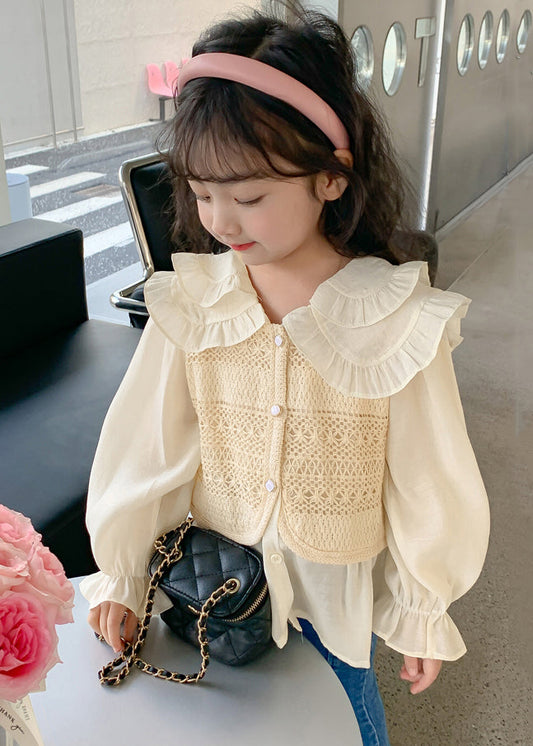 Fashion Apricot Peter Pan Collar False Two Pieces Cotton Knit Girls Shirt Spring YU1034