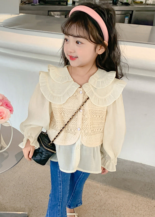 Fashion Apricot Peter Pan Collar False Two Pieces Cotton Knit Girls Shirt Spring YU1034