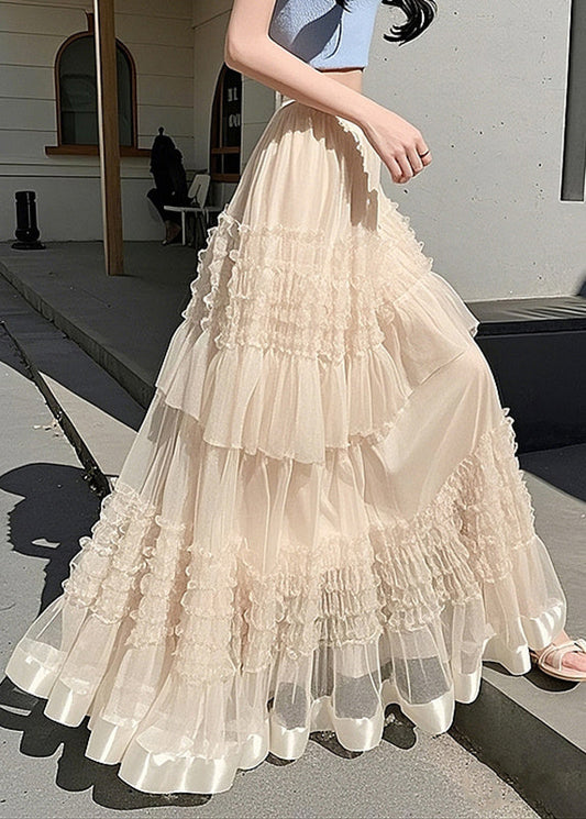 Waist Ruffled Maxi Skirts Fashion Summer Apricot Elastic Tulle