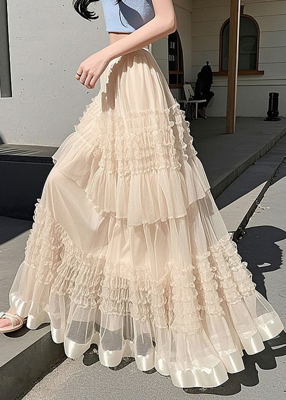 Waist Ruffled Maxi Skirts Fashion Summer Apricot Elastic Tulle