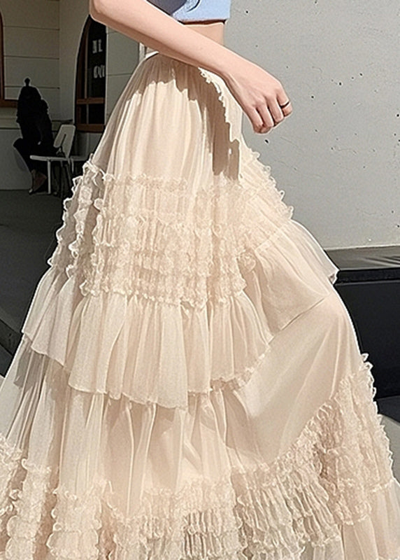 Waist Ruffled Maxi Skirts Fashion Summer Apricot Elastic Tulle