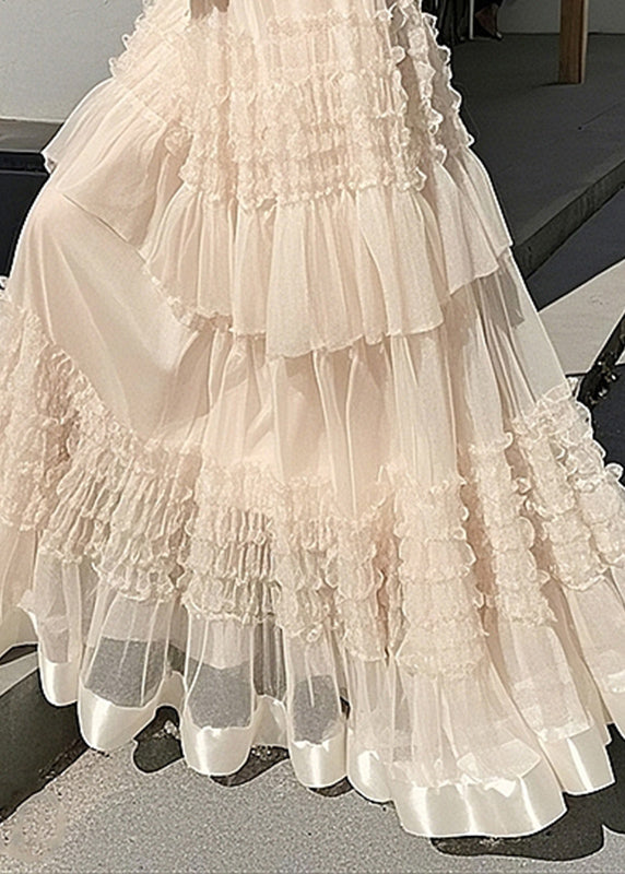 Waist Ruffled Maxi Skirts Fashion Summer Apricot Elastic Tulle