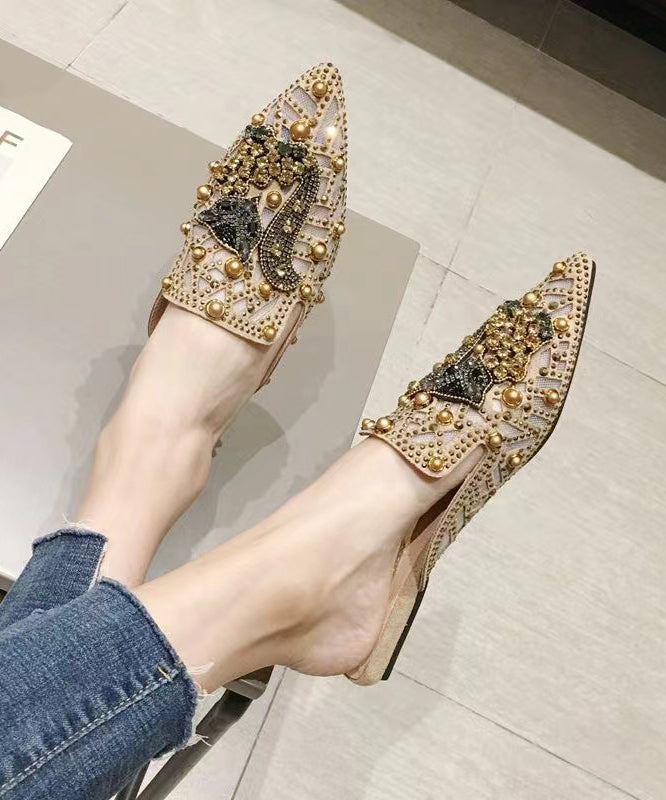 Fashion Apricot Zircon Nail Bead Pointed Toe Slide Sandals CZ1059