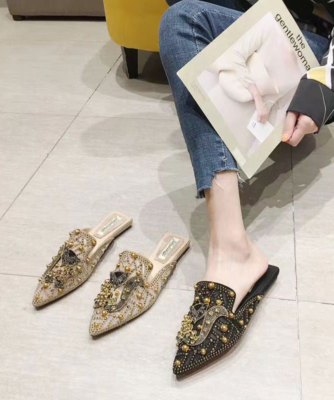 Fashion Apricot Zircon Nail Bead Pointed Toe Slide Sandals CZ1059