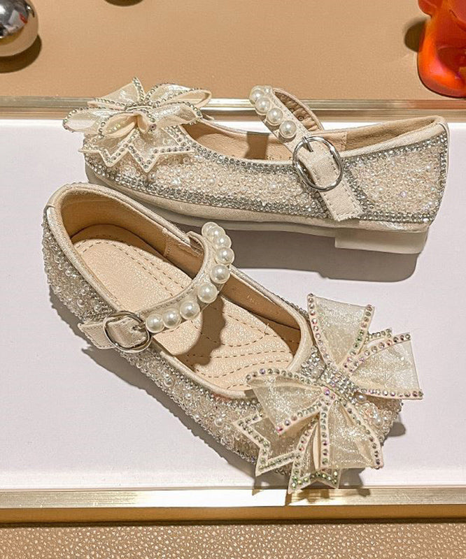 Apricot Strap Pearl Flats Zircon Buckle Kids Fashion