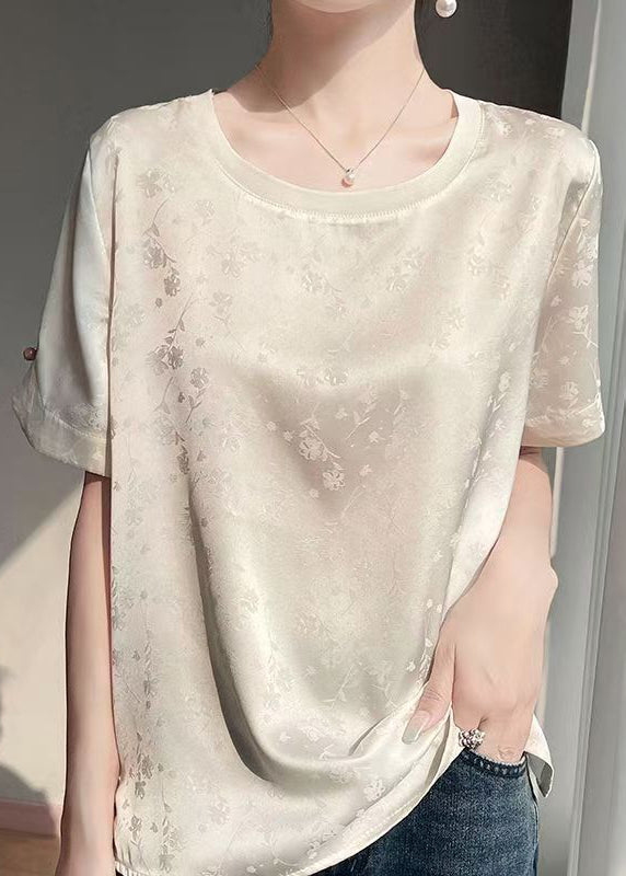 Sleeve Beige Silk Original Blouses Fashion Design Short Jacquard