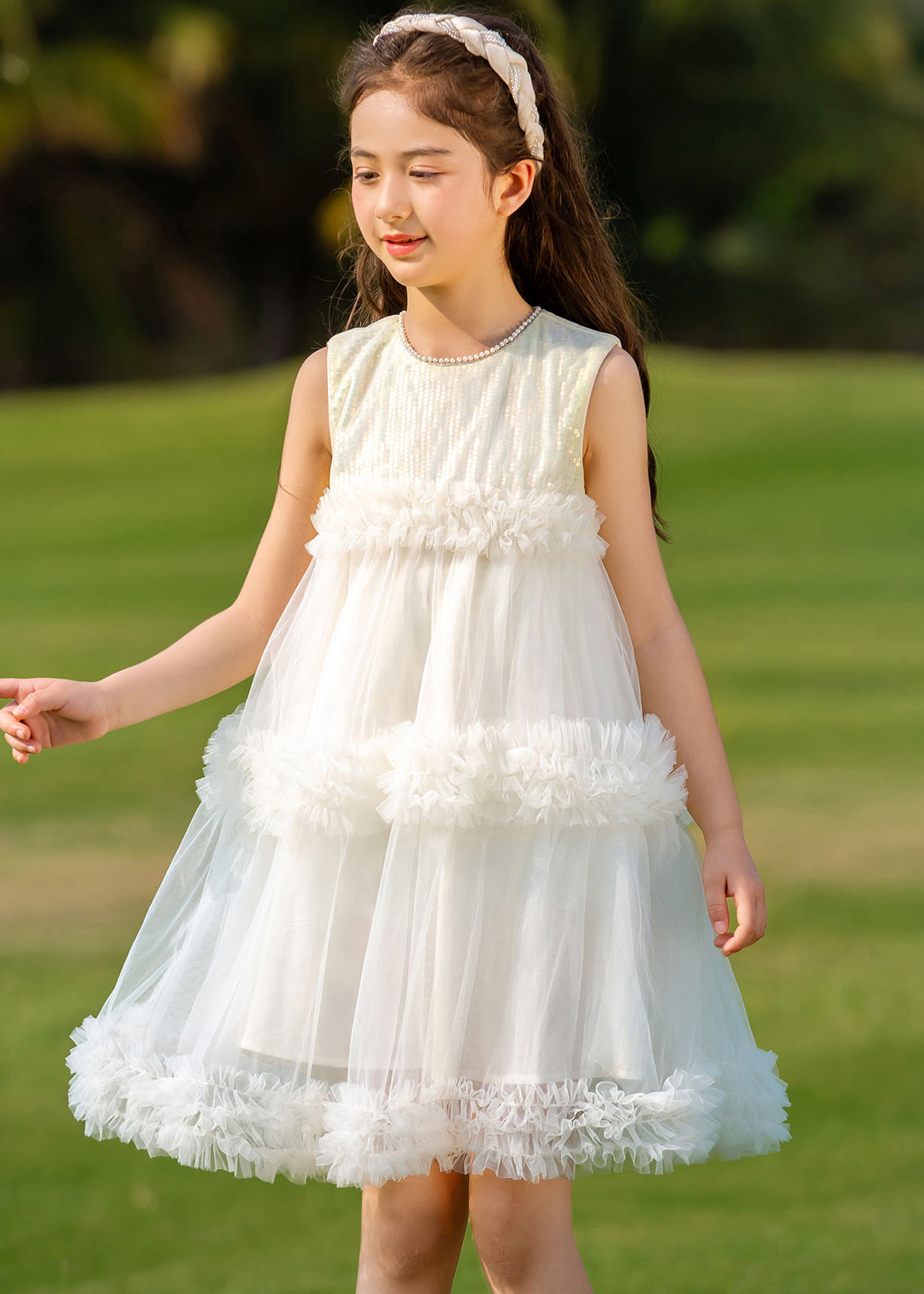 Fashion Beige O-Neck Patchwork Tulle Kids Mid Dresses Summer XZ012