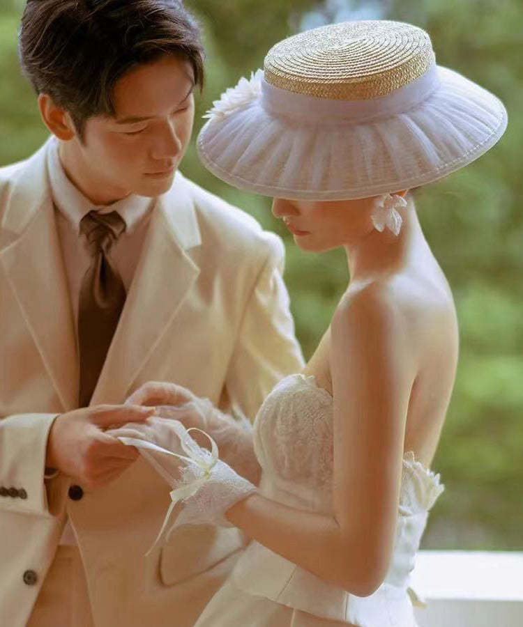 Straw Cloche Tulle Fashion Hat Beige Woven Wrinkled