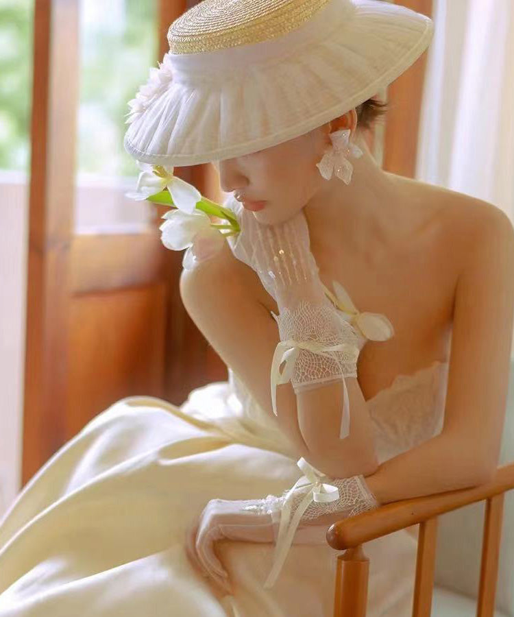 Wrinkled Woven Fashion Beige Hat Straw Tulle Cloche