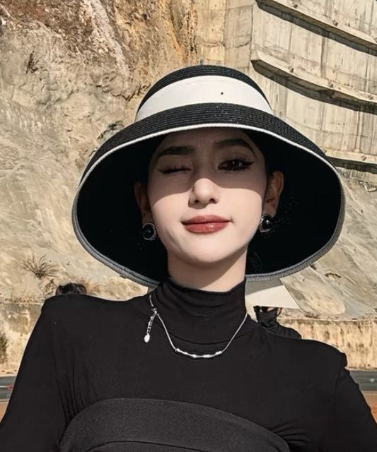 Straw Hat Woven Black Bow Fashion Bucket