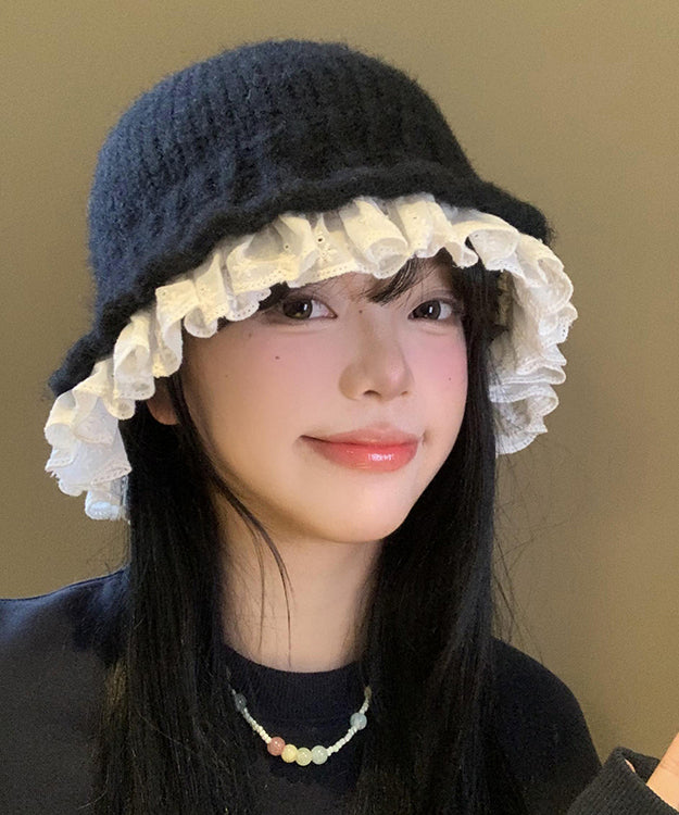 Fashion Black Lace Patchwork Knit Bucket Hat RS007