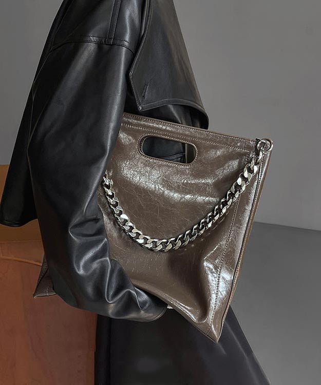 Chain Large Linked Capacity Calf Fashion Leather Black Shoulder