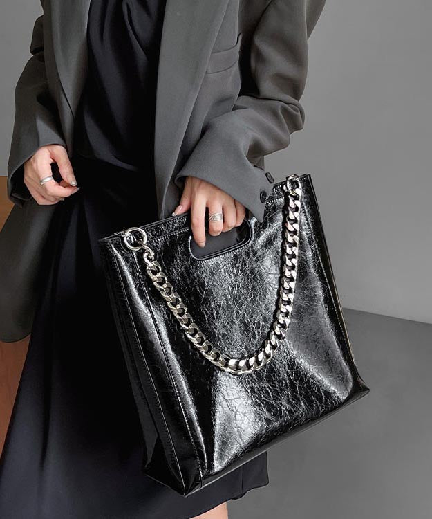 Chain Large Linked Capacity Calf Fashion Leather Black Shoulder