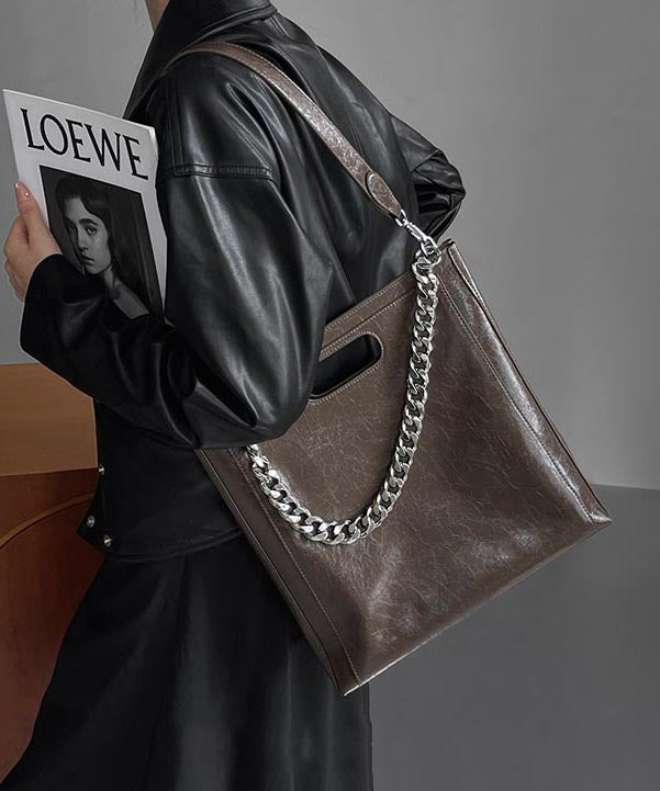 Chain Large Linked Capacity Calf Fashion Leather Black Shoulder