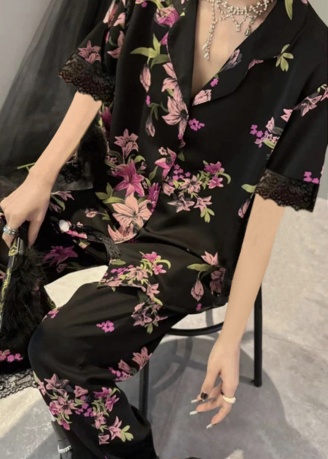Fashion Black Notched Print Button Ice Silk Two Pieces Set Summer XS1006