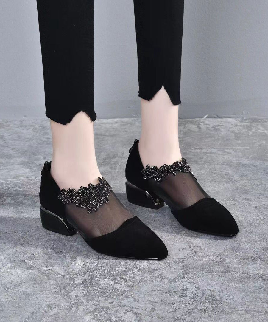Fashion Black Suede Tulle Splicing Zircon High Heels SL1001