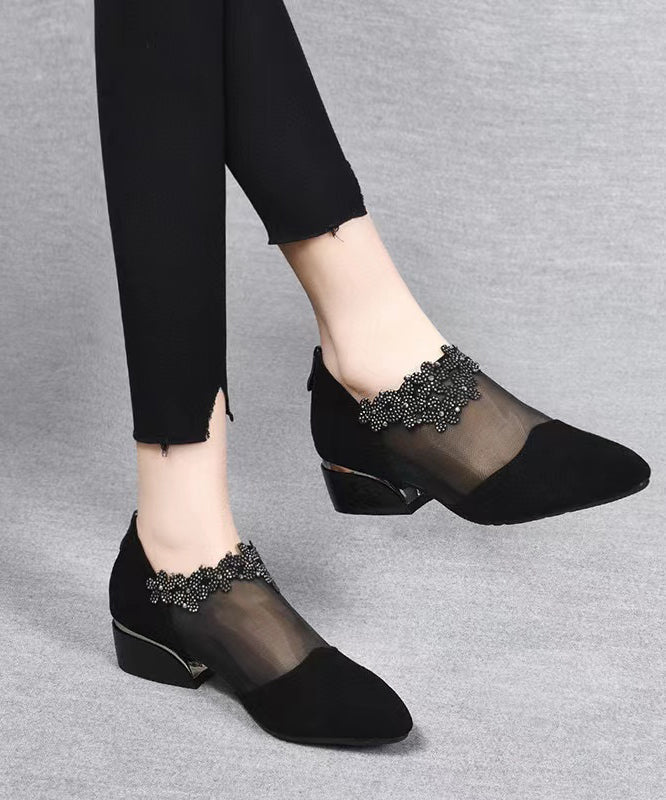Fashion Black Suede Tulle Splicing Zircon High Heels SL1001