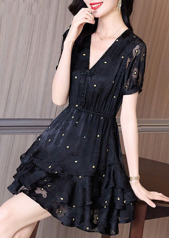 Summer Cinched Tulle V Neck Patchwork Black Dress Fashion Mid