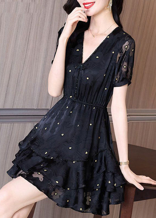 Summer Cinched Tulle V Neck Patchwork Black Dress Fashion Mid