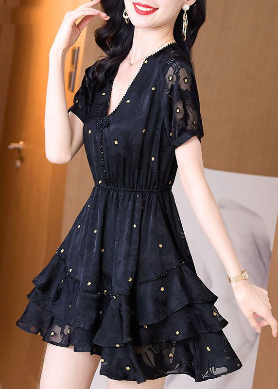 Summer Cinched Tulle V Neck Patchwork Black Dress Fashion Mid