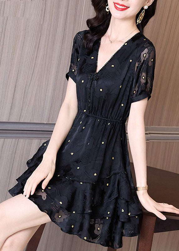 Summer Cinched Tulle V Neck Patchwork Black Dress Fashion Mid