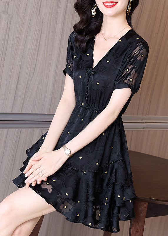 Summer Cinched Tulle V Neck Patchwork Black Dress Fashion Mid