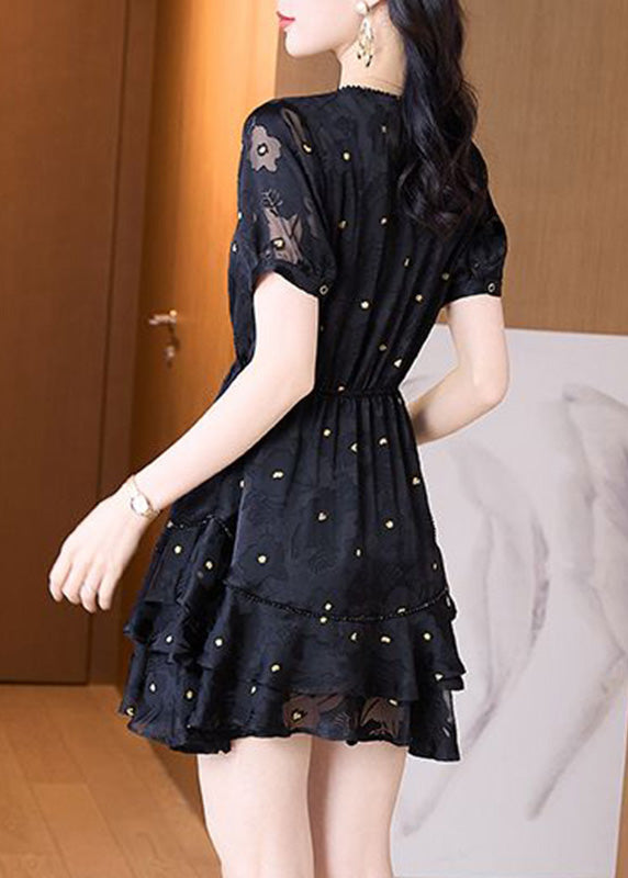 Summer Cinched Tulle V Neck Patchwork Black Dress Fashion Mid