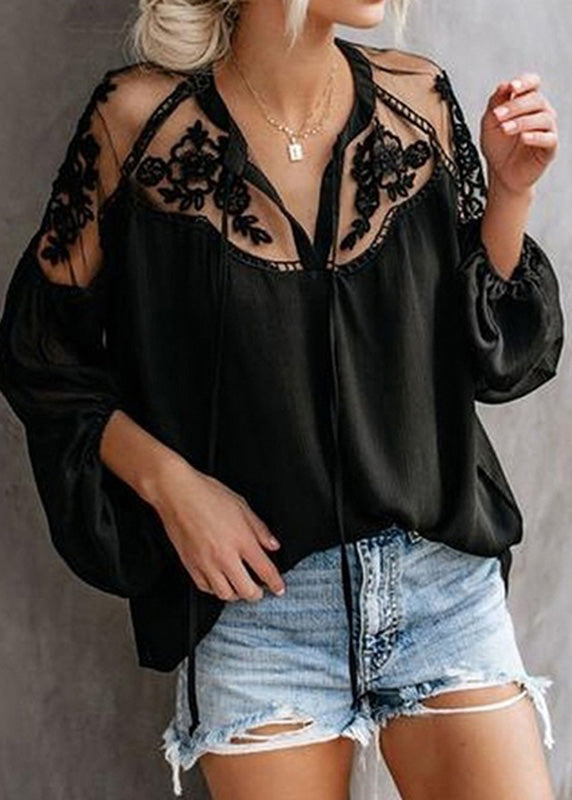Sleeve V Floral Chiffon Tops Lantern Fashion Black Neck