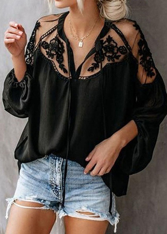 Sleeve Chiffon Neck Lantern Floral Black V Fashion Tops