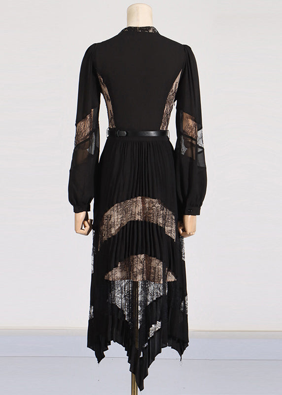 Fashion Black V Neck Lace Patchwork Floral Maxi Dresses Puff Sleeve ZL037