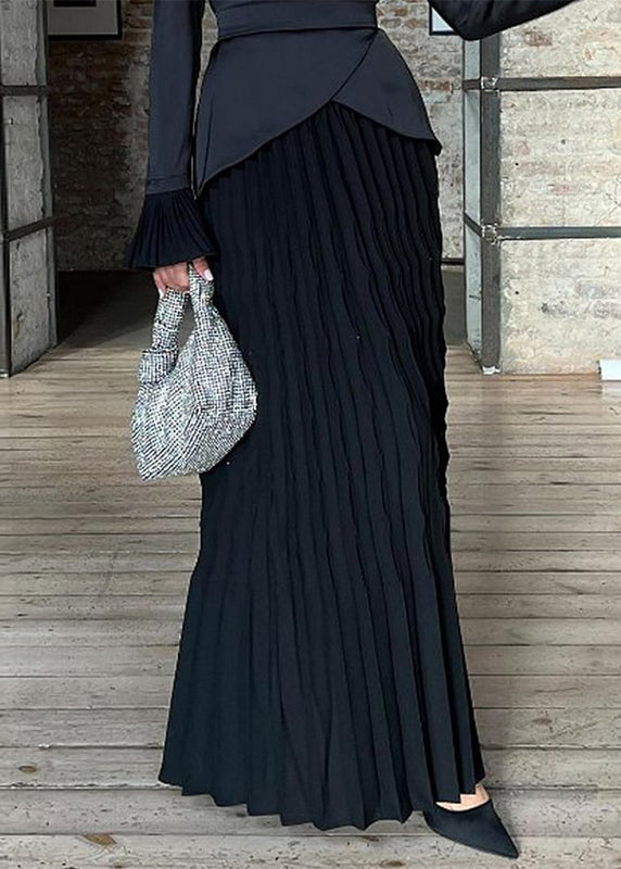 Fashion Black Wrinkled Patchwork Silk Long Dress Fall WO049