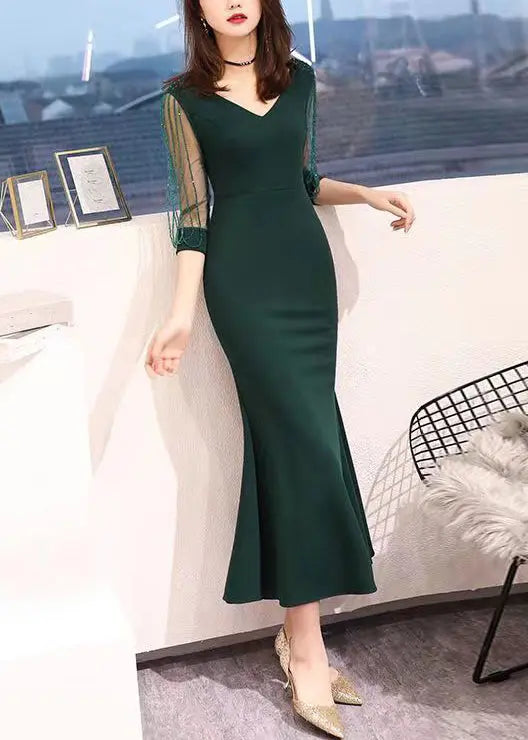 Fashion Blackish Green V Neck Nail Bead Tulle Long Dresses Bracelet Sleeve Ada Fashion