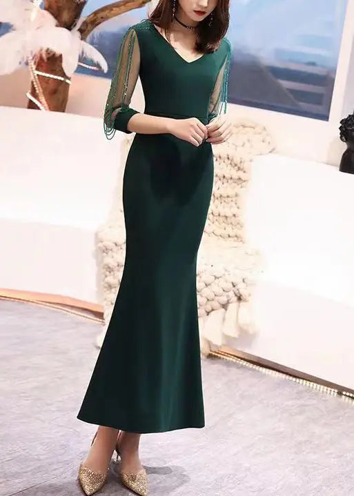 Fashion Blackish Green V Neck Nail Bead Tulle Long Dresses Bracelet Sleeve Ada Fashion