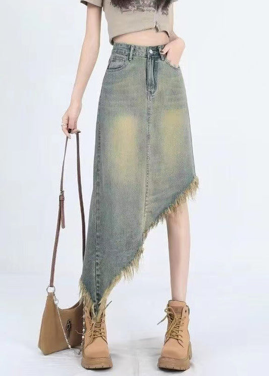 Fashion Blue Asymmetrical Tasseled Denim Skirt Summer EE1012