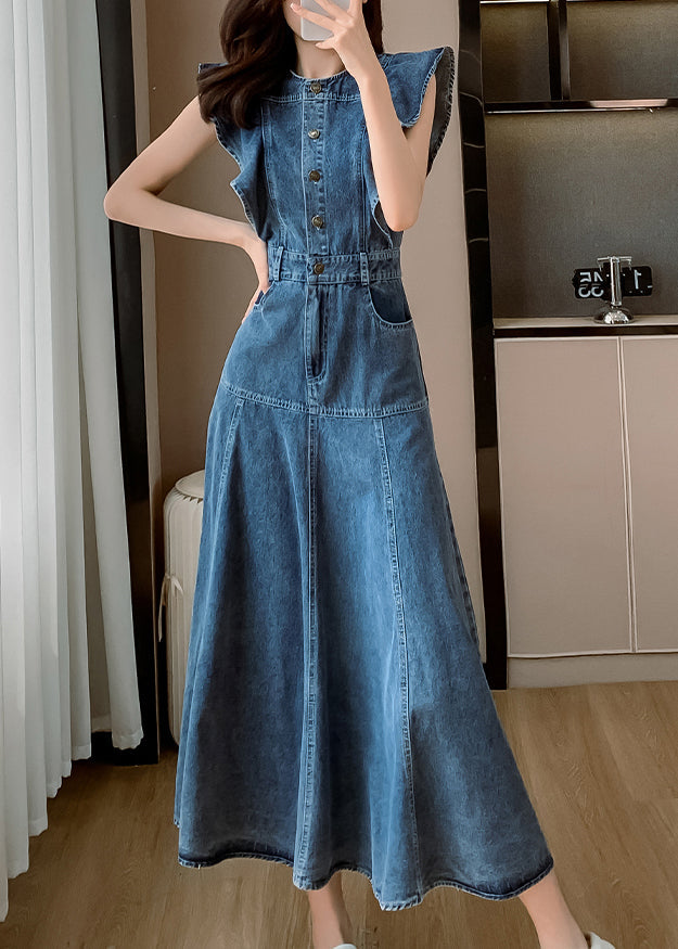 O Blue Neck Dress Denim Sleeve Butterfly Fashion Patchwork Long